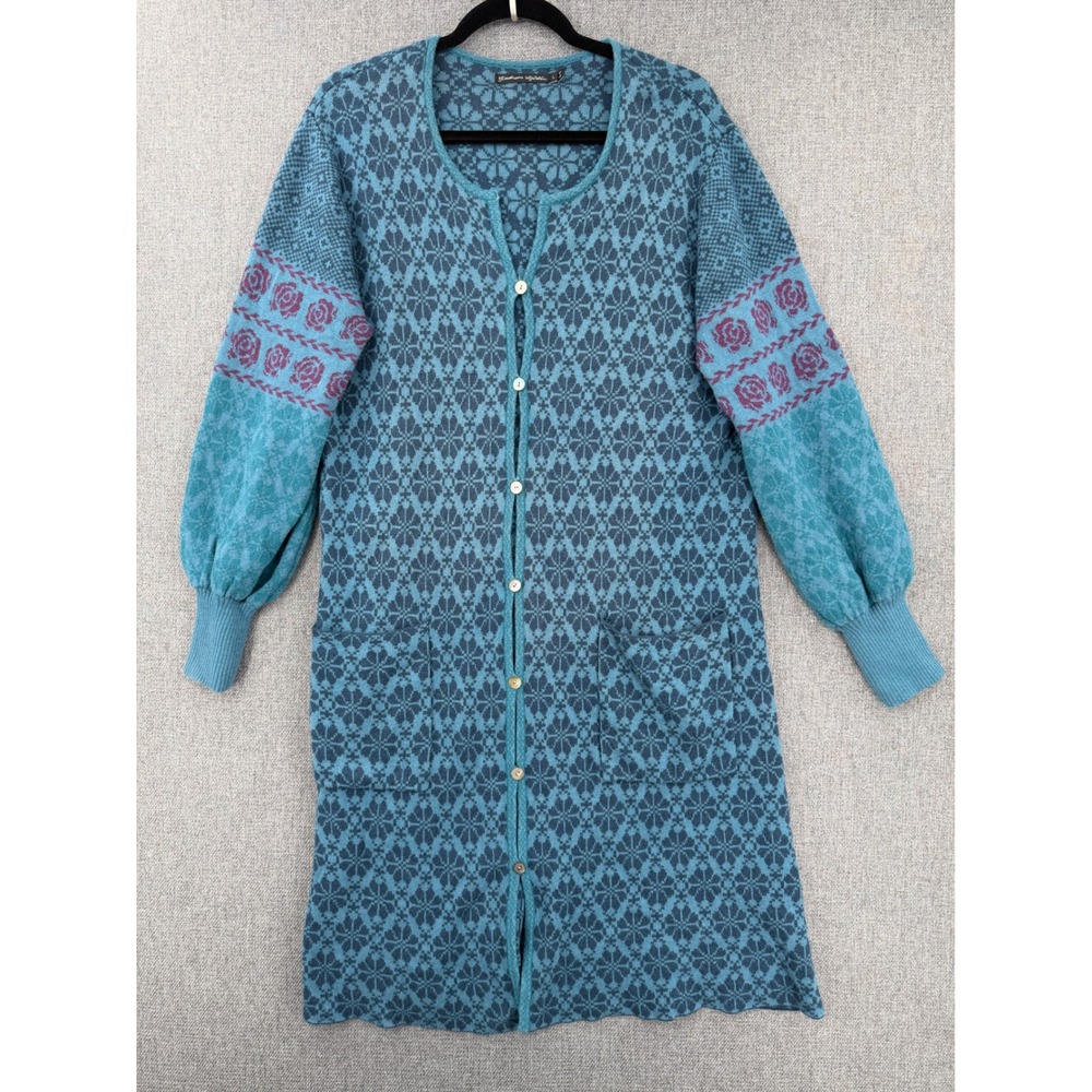 Gudrun Sjöden Blue Organic Cotton Wool Boho Button Front Long Duster Cardigan L - Picture 2 of 10